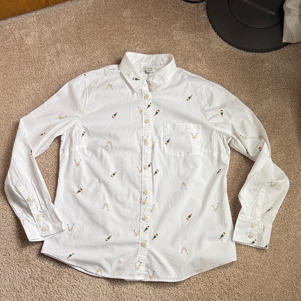 J. Crew White Ladies Cotton Button Up Shirt Champagne Bottles and Glasses Design